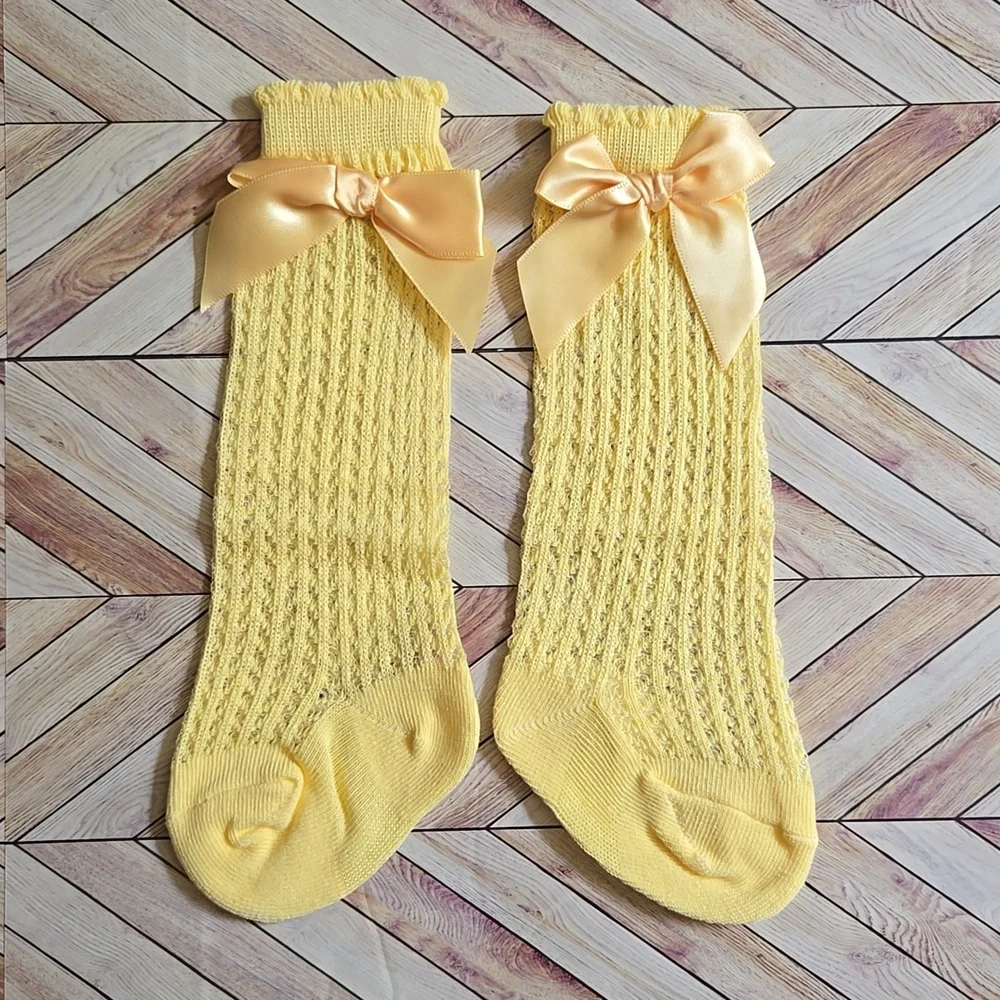 Baby Girl Knee High Yellow Socks With Large Satin Bow Pointelle Knit Ruffle Sock